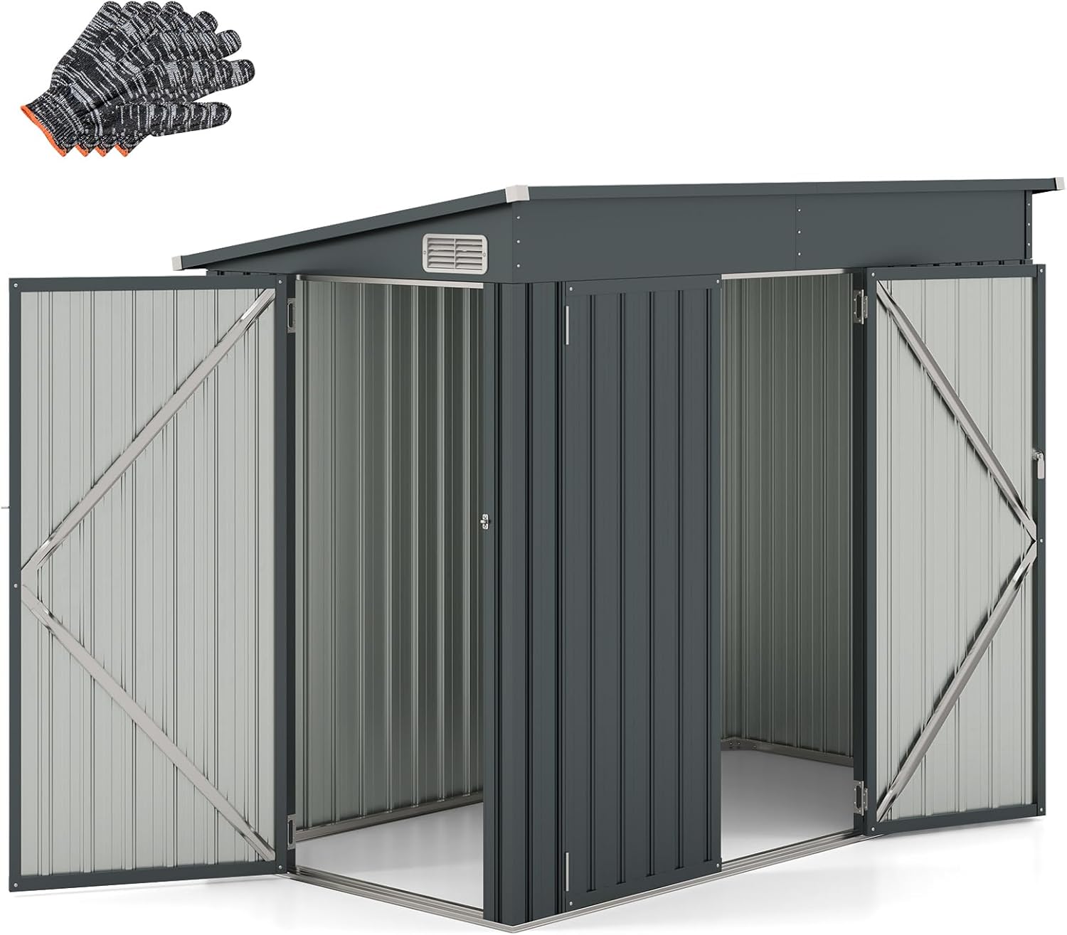 COSTWAY Abri de Jardin en Métal 2,6㎡, Cabane Jardin Exterieur en Acier Galvanisé 5,7 m³ avec Loquet, Porte avec serrure et clé, Toit en Pente, 4 Gants, 2 Trous d’Aérations, Abri Exterieur (Gris foncé)