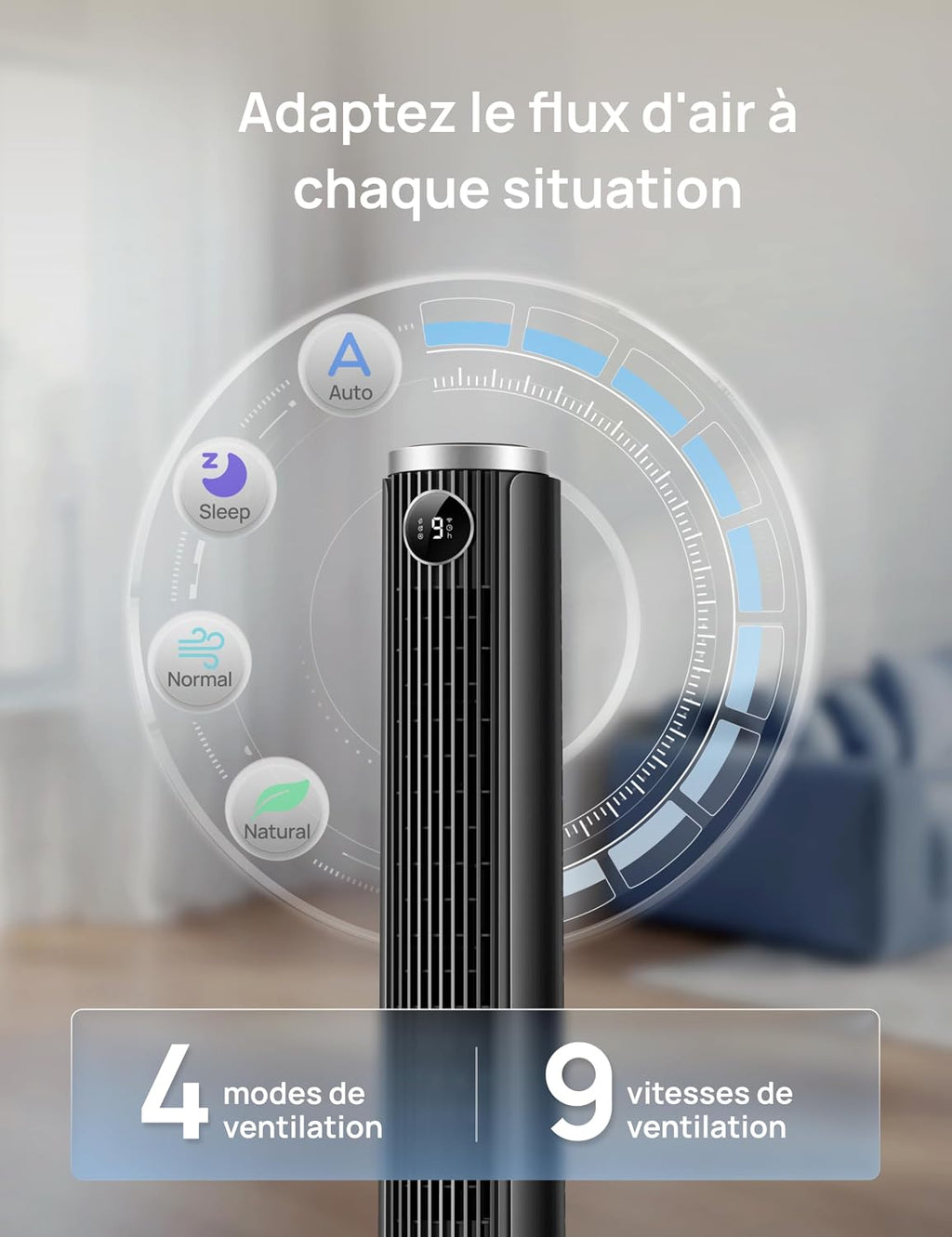 DREO Ventilateur colonne intelligent 554S, ventilateur sur pied réglable 102–114 cm, 8.4 m/s, oscillation 90°, silencieux 20 dB, 9 vitesses, 4 modes, minuterie 12 h, compatible Google et Alexa