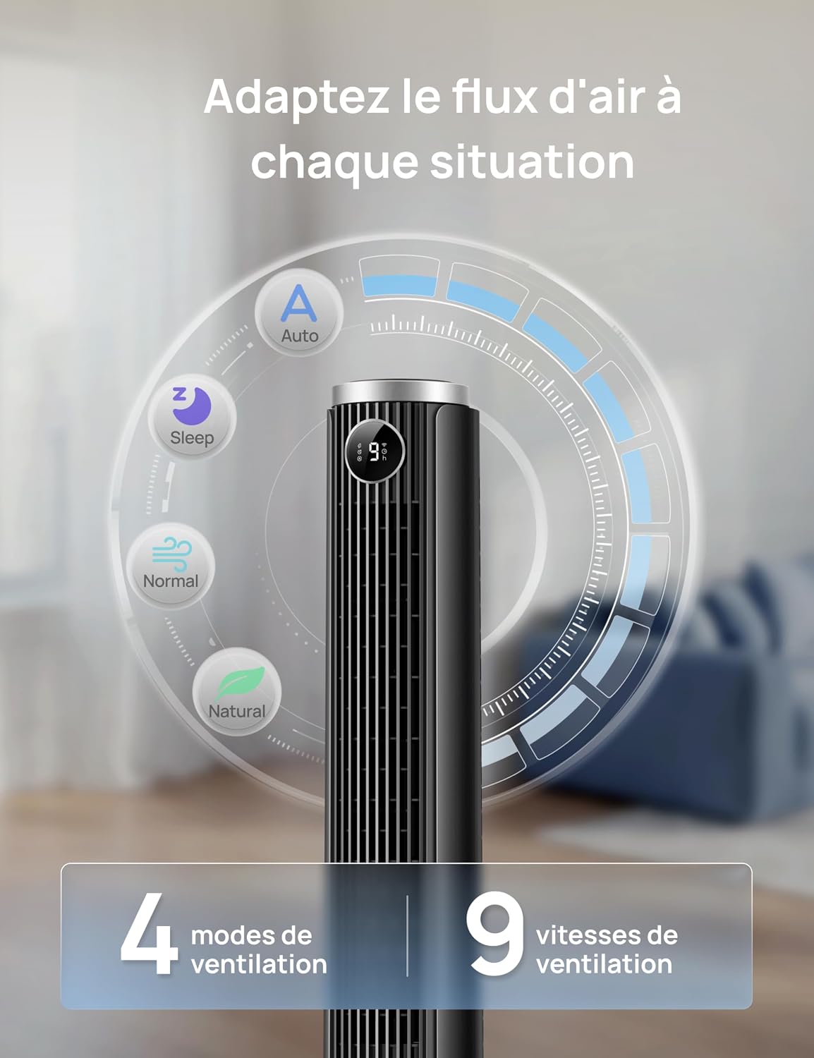 DREO Ventilateur colonne intelligent 554S, ventilateur sur pied réglable 102–114 cm, 8.4 m/s, oscillation 90°, silencieux 20 dB, 9 vitesses, 4 modes, minuterie 12 h, compatible Google et Alexa