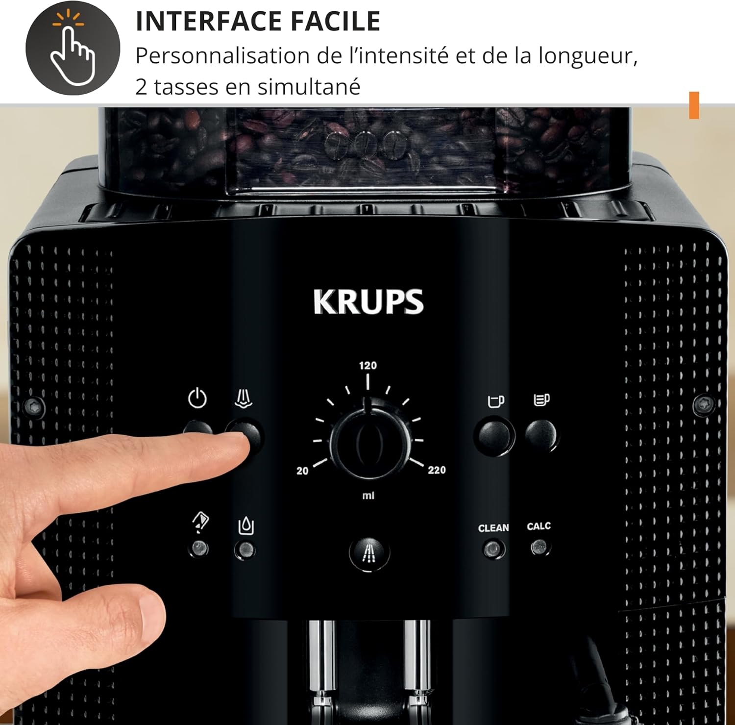 Krups Machine à café grain, machine expresso, 2 tasses en simultané, Nettoyage automatique, Buse vapeur pour Cappuccino, Cafetière espresso, Essential noire YY8125FD