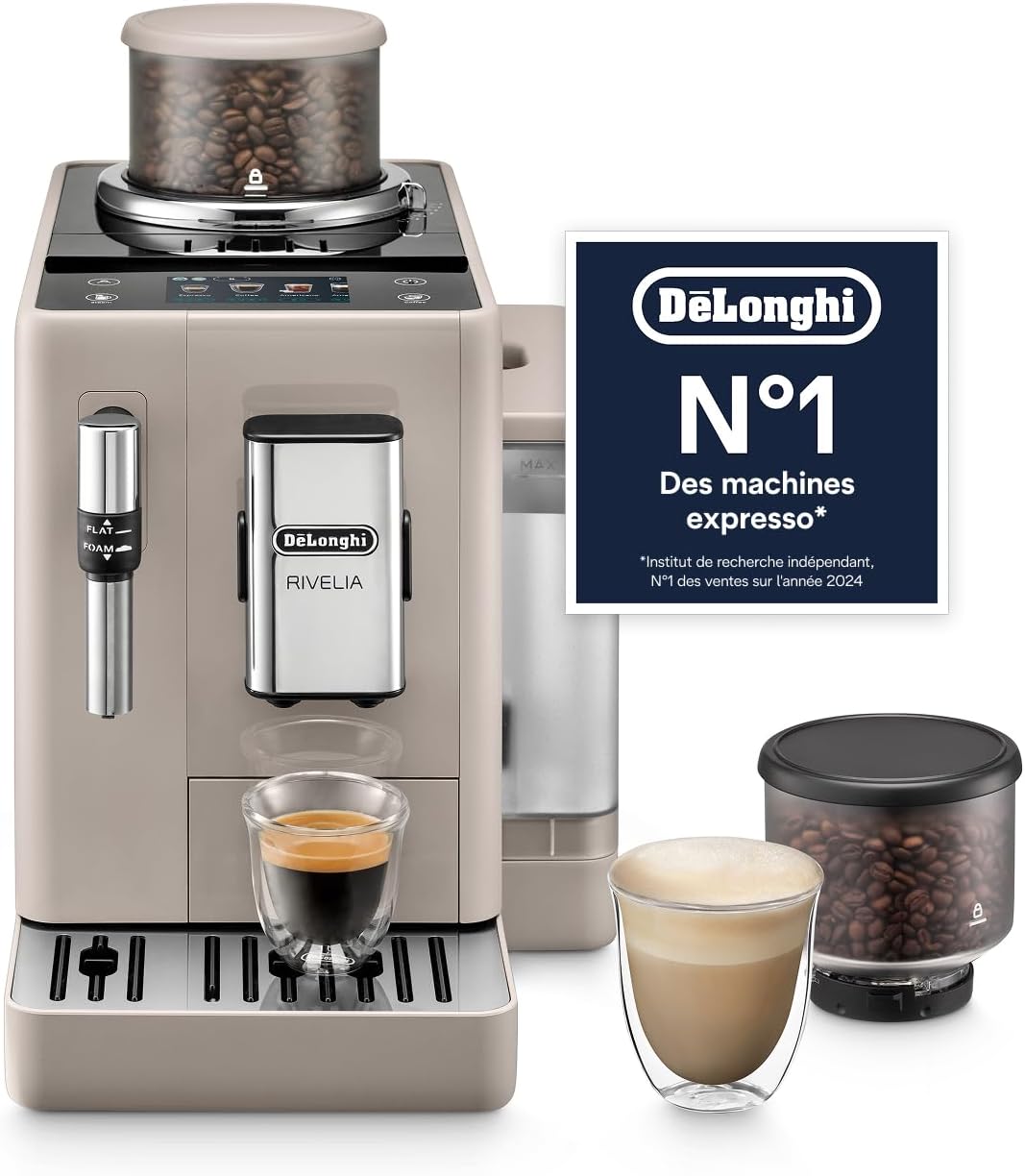 De’Longhi Rivelia - Perfetto Machine à Café Automatique, Mousseur à Lait Classique, 8 Boissons Enregistrées, Écran Tactile Couleur, Réservoir à Grains de Café Interchangeables, Noir (EXAM440.35.BG)(Noir/Beige)