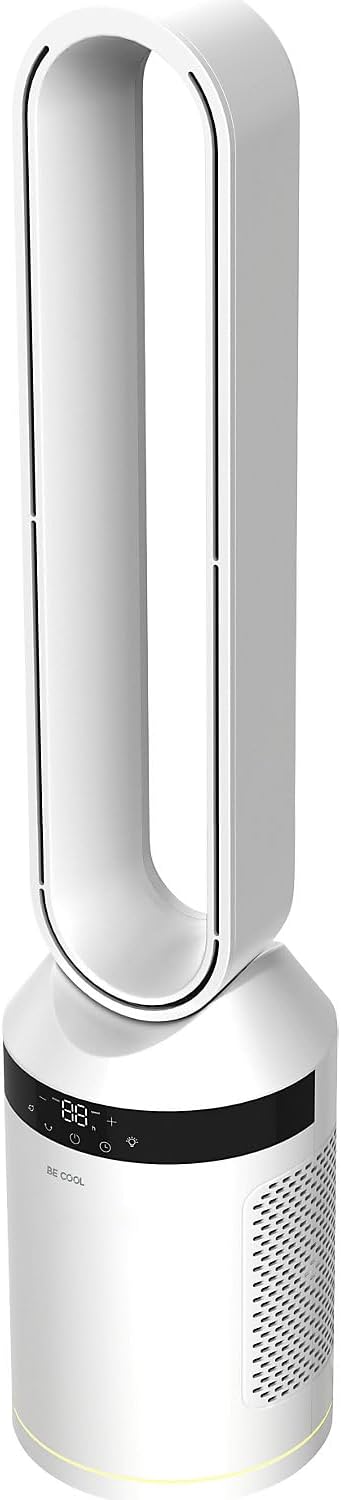BE COOL Ventilateur tour sans rotor 40 W, moteur CC silencieux, 12 niveaux, 3 modes, oscillation à 70°, minuterie 12h, télécommande, écran tactile LED, fonction anions, éclairage ambiant