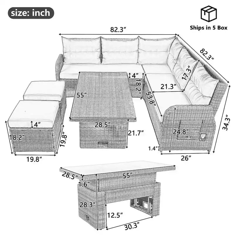 Outdoor Rattan Furniture Set with Adjustable Table, Recliners and 2 Ottomans