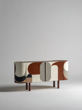 Meuble TV bas design moderne en bois à motifs géométriques avec 2 portes