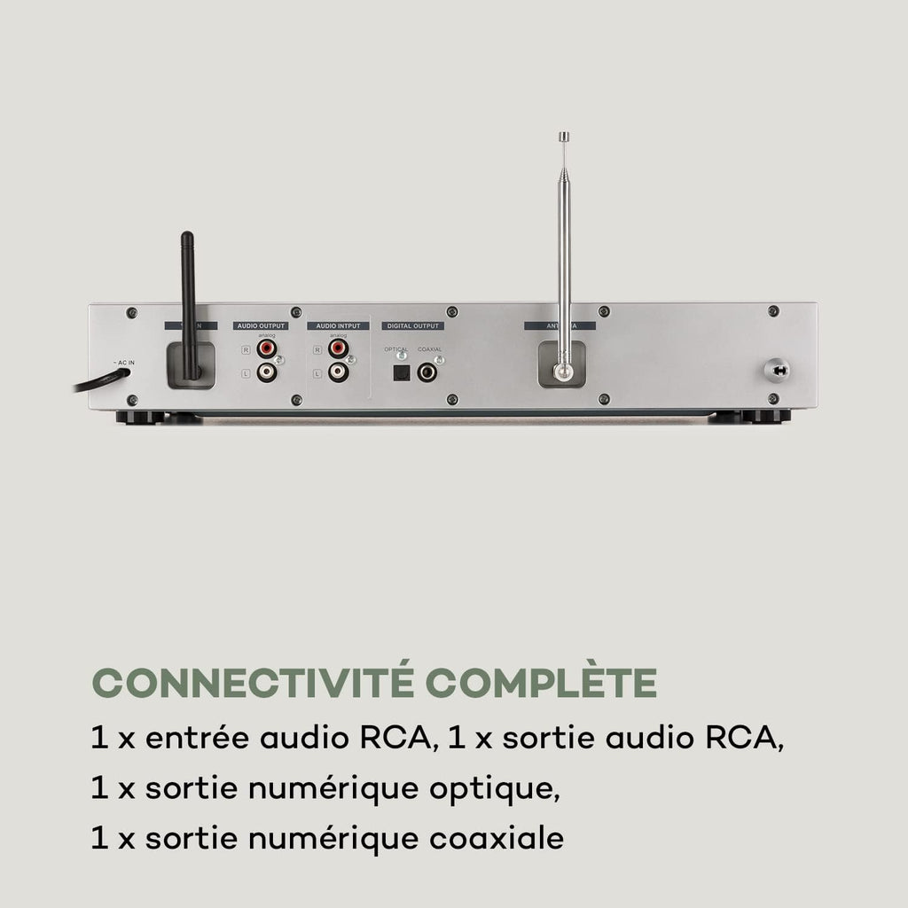 AUNA iTuner CD Récepteur HiFi - Tuner Internet Radio, Tuner HiFi, Radio FM, Dab+, Lecteur CD, Connexions Multiples, WiFi, Spotify Connect, UNDOK, USB - no Bluetooth, Argent