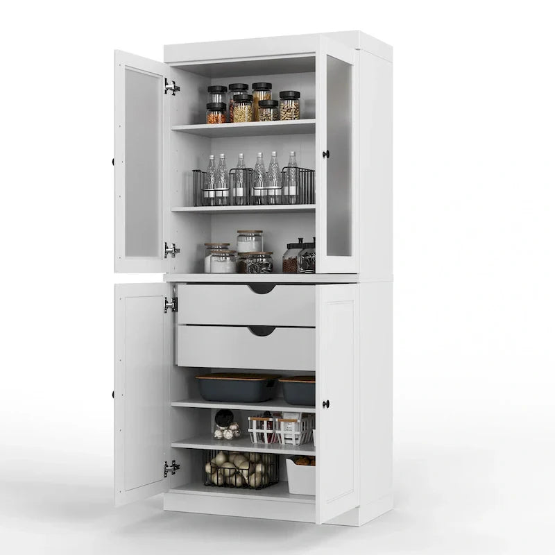 100% Solid Wood Pantry Cabinet with Frosted Glass Doors, Solid Doors, 2-Drawers and Adjustable Shelves