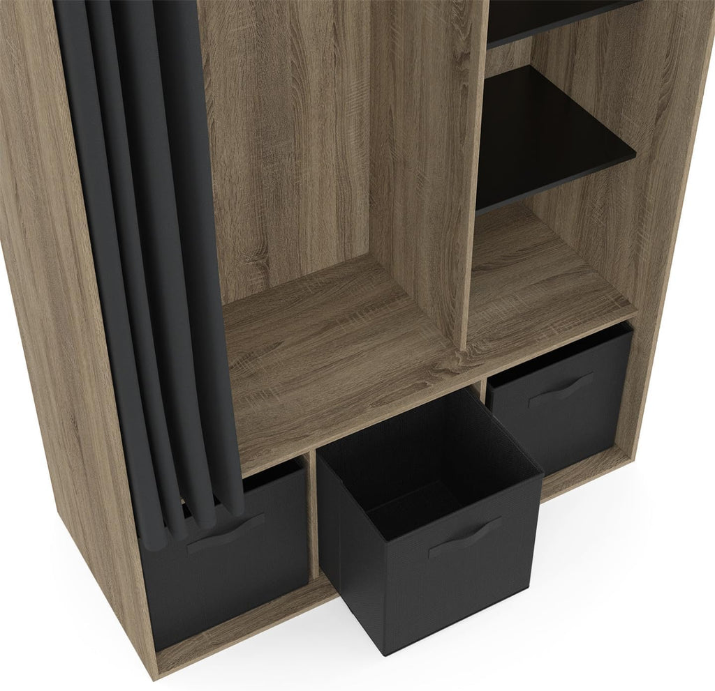 IDMarket - Dressing penderie Diane 105 x 50 x 172 cm hêtre avec étagères + boites de Rangement + Rideau Noir