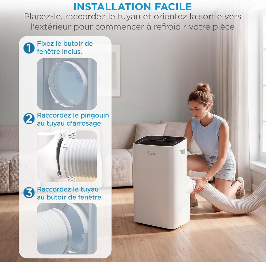 MIDEA Climatiseur Mobile Silencieux 12000 BTU avec Évacuation | 4 en 1: Climatisation, Ventilation, Déshumidification, Sleep | Clim Portable avec Contrôle App & Télécommande | Kit de Fenêtre Inclus
