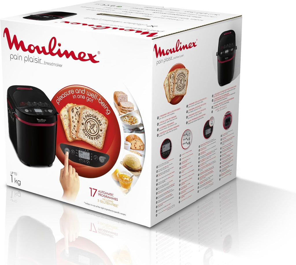 Moulinex Pain Plaisir Machine à pain, 1 Kg, 720W, 17 programmes, Programme sans gluten, Pain maison, Pizza, Départ différé 15 heures, 3 niveaux de dorage, OW220830 Noir