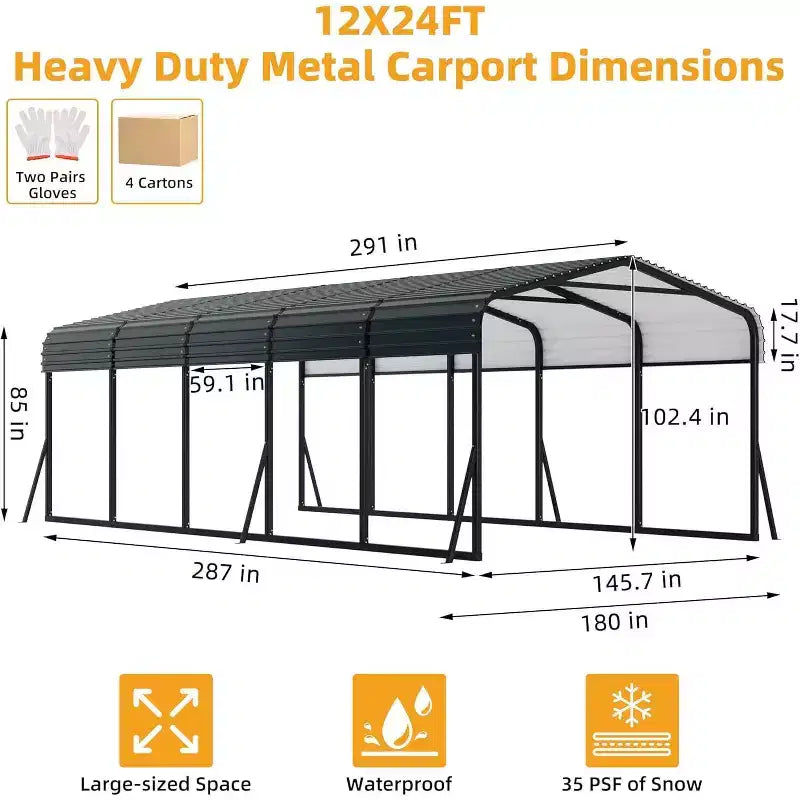 LinTimes 12x24 FT Metal Carport with Galvanized Steel Roof, Powder-Coated Frame, Water-Resistant Shelter for Vehicles, Outdoor Protection