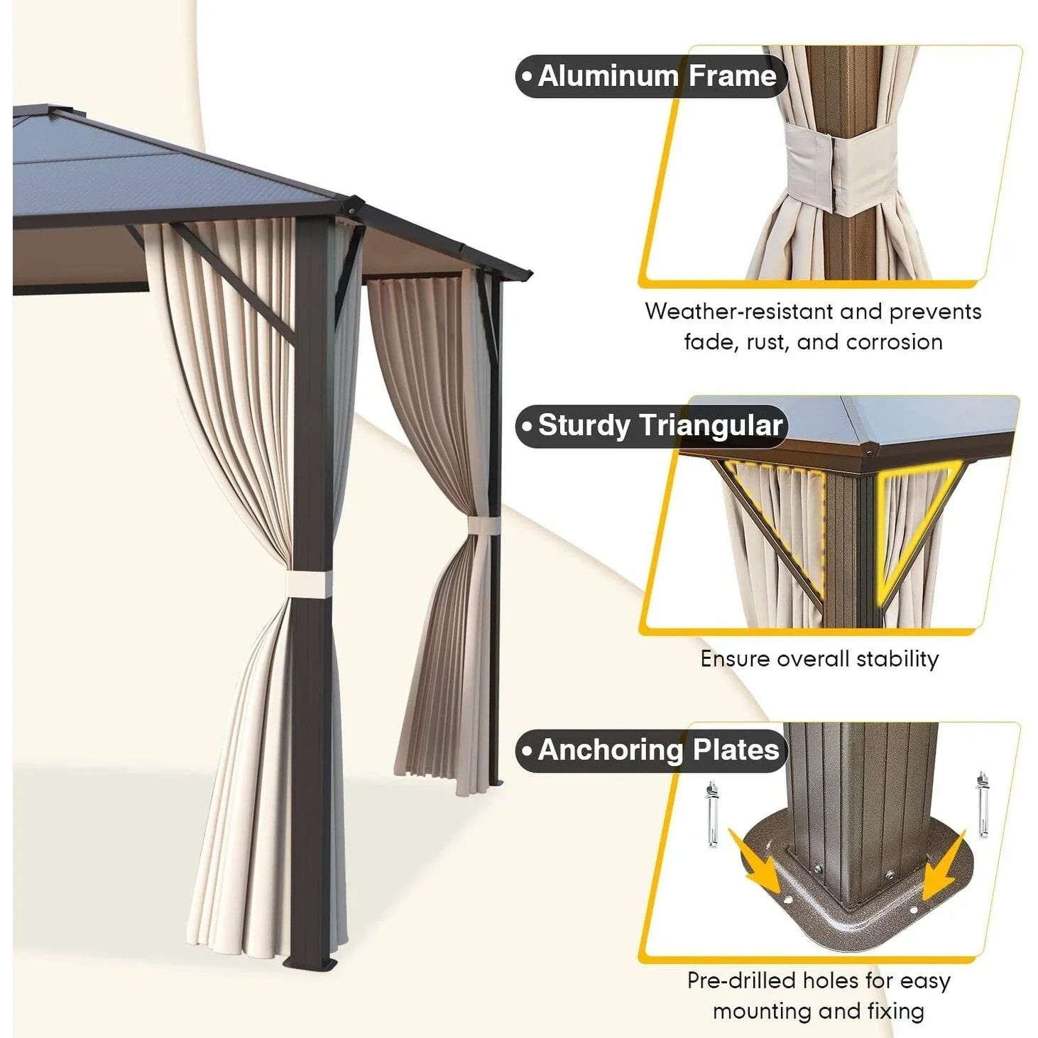 EROMMY Hardtop Gazebo,Outdoor Pergola with Double Roof & Netting & Curtains,Heavy Duty Canopy for Patio, Backyard, Pool party
