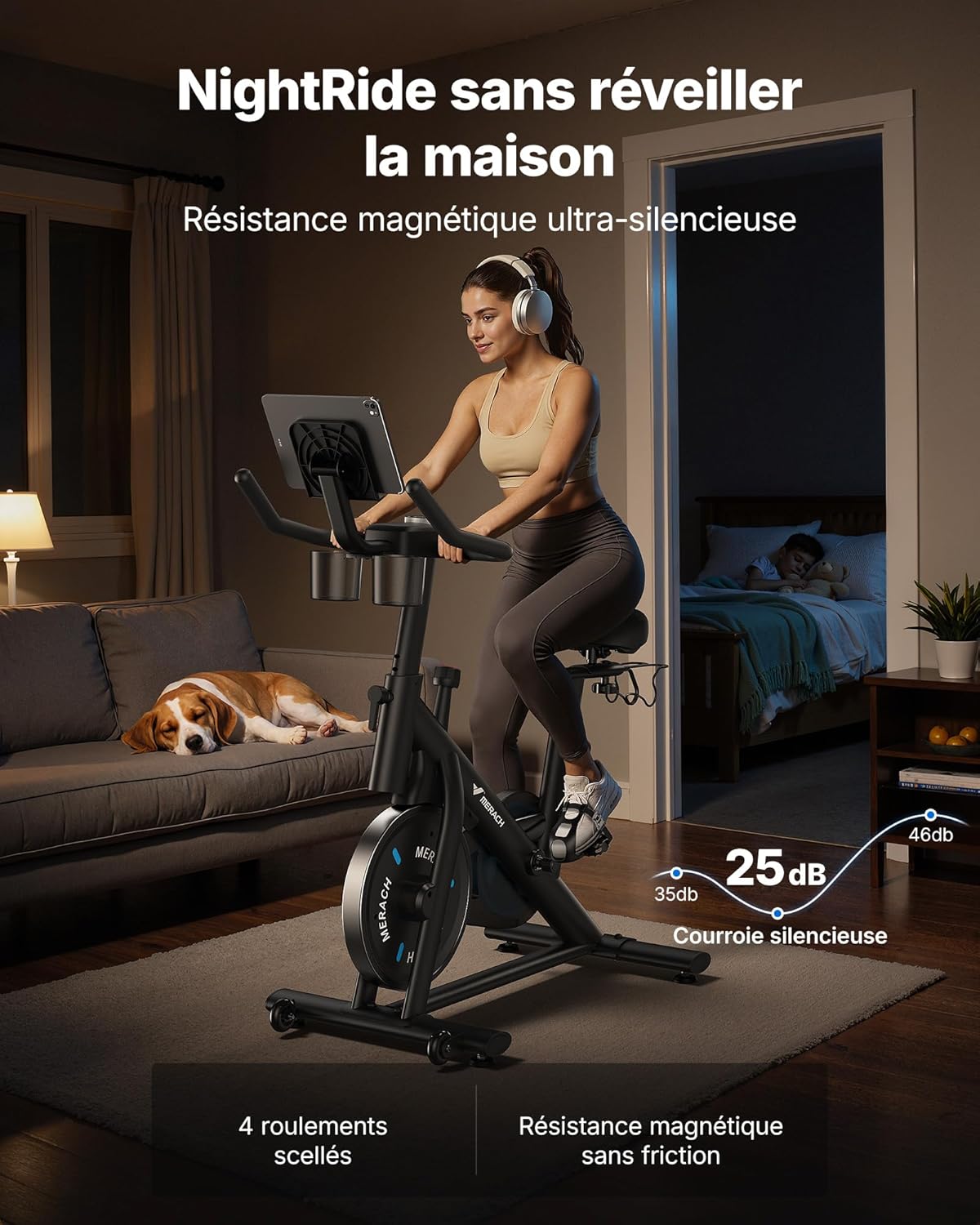 MERACH Vélo d'Appartement pour la Maison - Vélo de Fitness d'Intérieur Silencieux avec Résistance Réglable, Écran LED, Siège Confortable, pour Entraînement Cardio, App Exclusive, Capacité Max 136KG