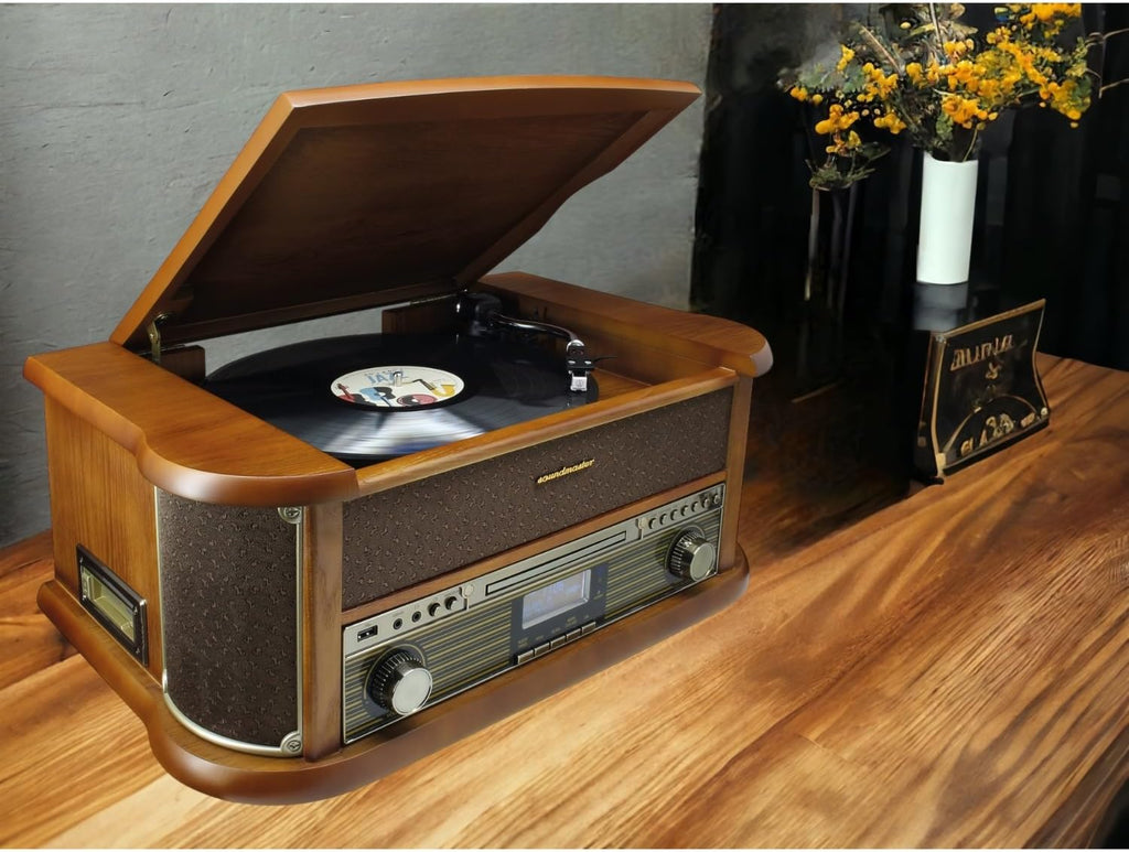 Soundmaster NR566BR Chaîne Hi-FI Nostalgie 7 en 1 Platine Vinyle Audio Technica Cellule magnétique | Radio numérique Dab+ | CD-MP3 | USB | Cassette | Bluetooth | Fonction de numérisation | égaliseur