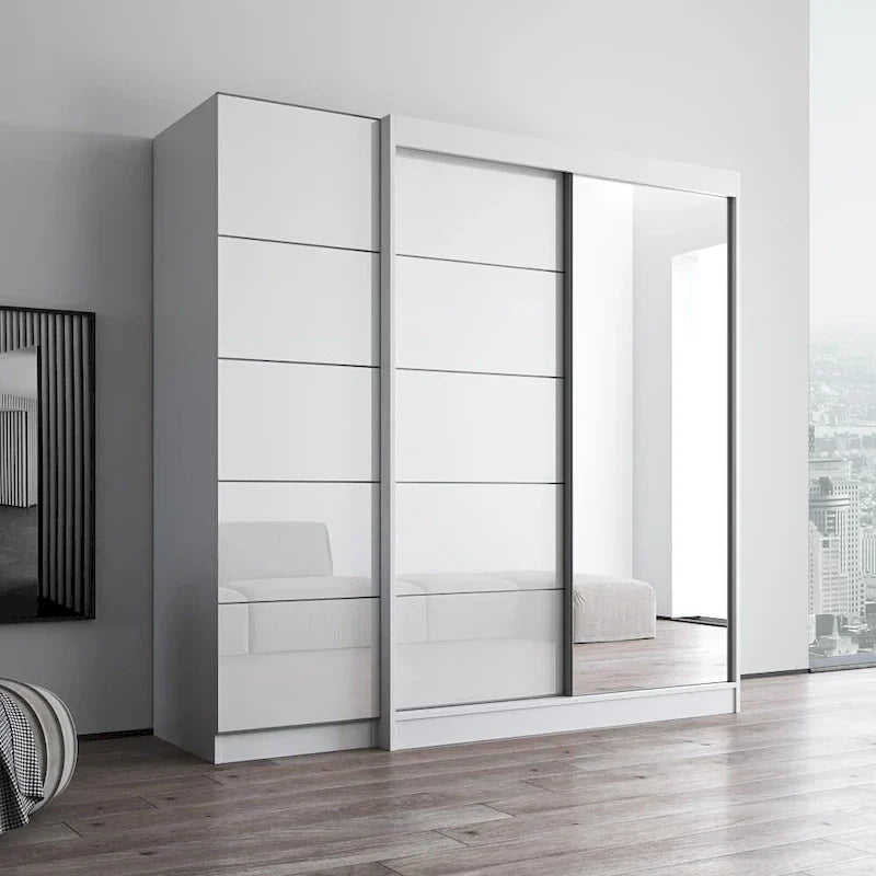2-Door Wardrobe with Mirror, Glass Front, 2-Person (Gray / Black / White)