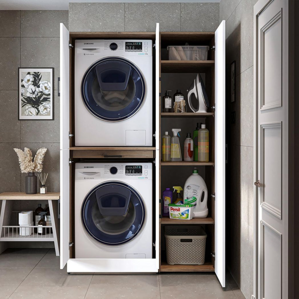 ROOMART Dora - Meuble pour machine à laver - Pour sèche-linge et machine à laver - En 4 couleurs - Avec portes et panneau coulissant - Blanc - Chêne blanc - Chêne anthracite - Chêne blanc (chêne blanc)