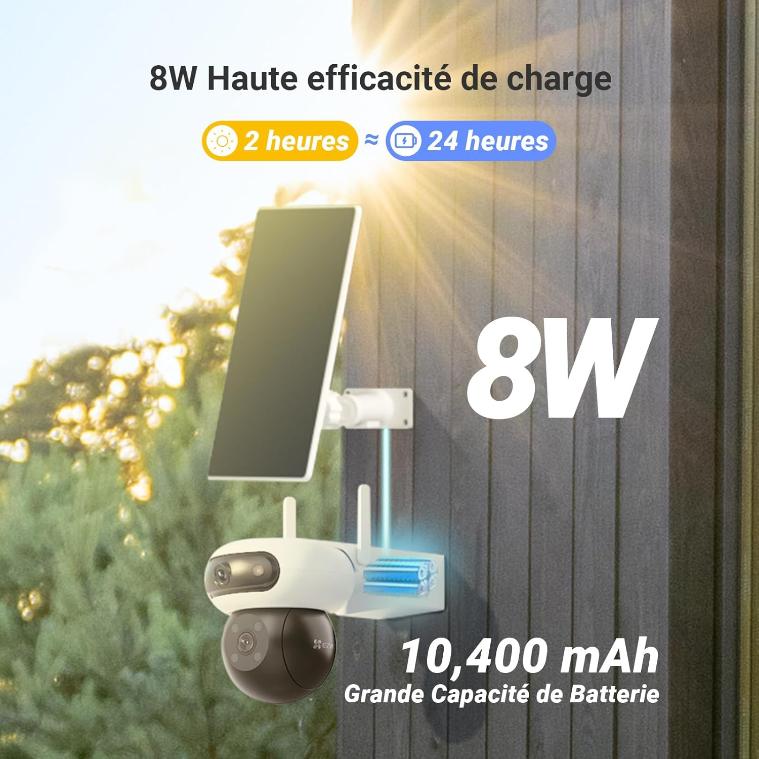 EZVIZ 8MP(4MP+4MP) Camera Surveillance WiFi Exterieure sans Fil à Double Objectif Motorisé, Camera Exterieur Solaire, Mode Always-on, Détection de Personne/Véhicule, CB90 Dual+8W Panneau Solaire