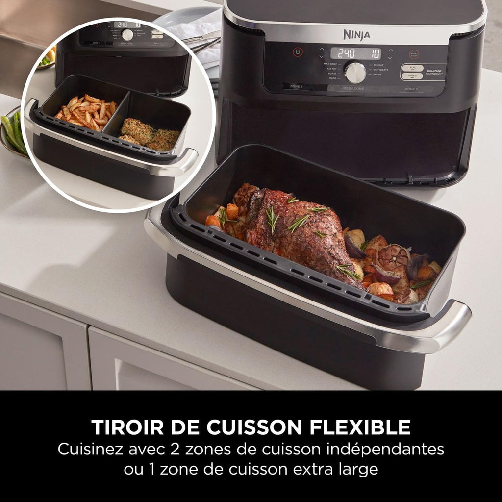 NINJA Foodi FlexDrawer Air Fryer 2 Compartiments Avec Séparateur Amovible, Grande Capacité 10.4L, Air Fryer 7-en-1, Max 240°C, Pièces Antiadhésives Amovibles Lavables Au Lave-Vaisselle, Noir