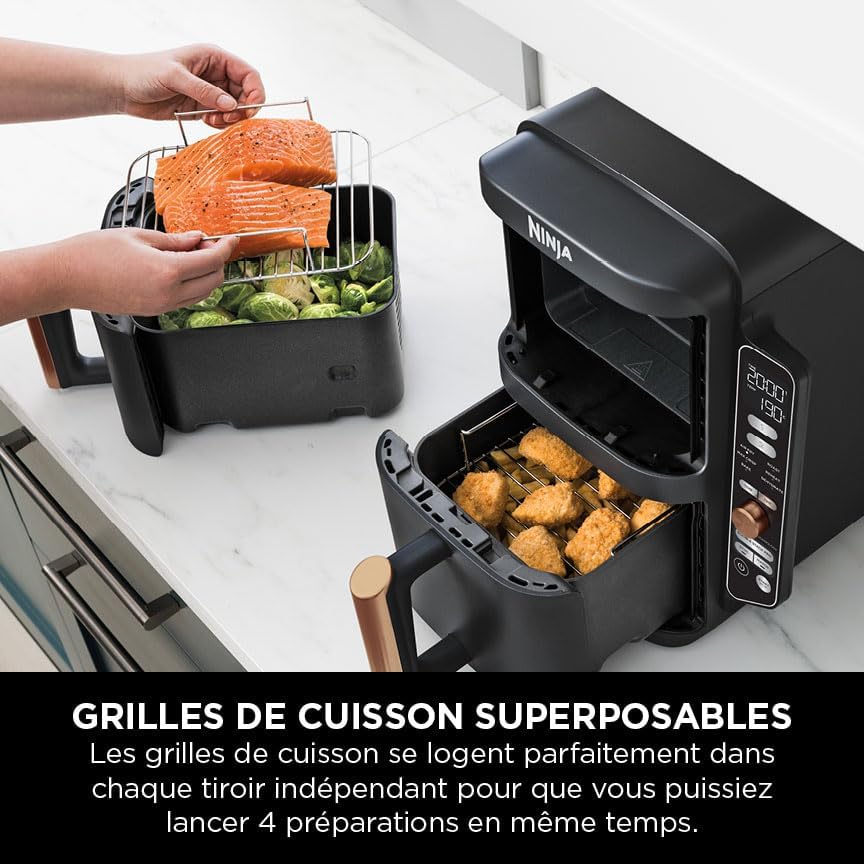 NINJA Double Stack XL Air Fryer 2 Compartiments Verticale, Compact, 4 Niveaux de Cuisson, Capacité de 9,5L, Air Fryer 6-en 1, Pièces Antiadhésives Amovibles Lavables Au Lave-Vaisselle, Noir/Cuivre