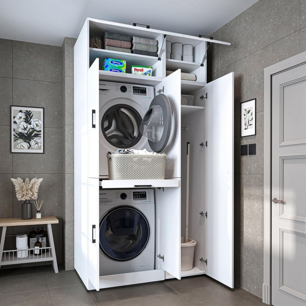 ROOMART Dora - Meuble pour machine à laver - Pour sèche-linge et machine à laver - En 4 couleurs - Avec portes et panneau coulissant - Blanc - Chêne blanc - Chêne anthracite - Chêne blanc (chêne blanc)