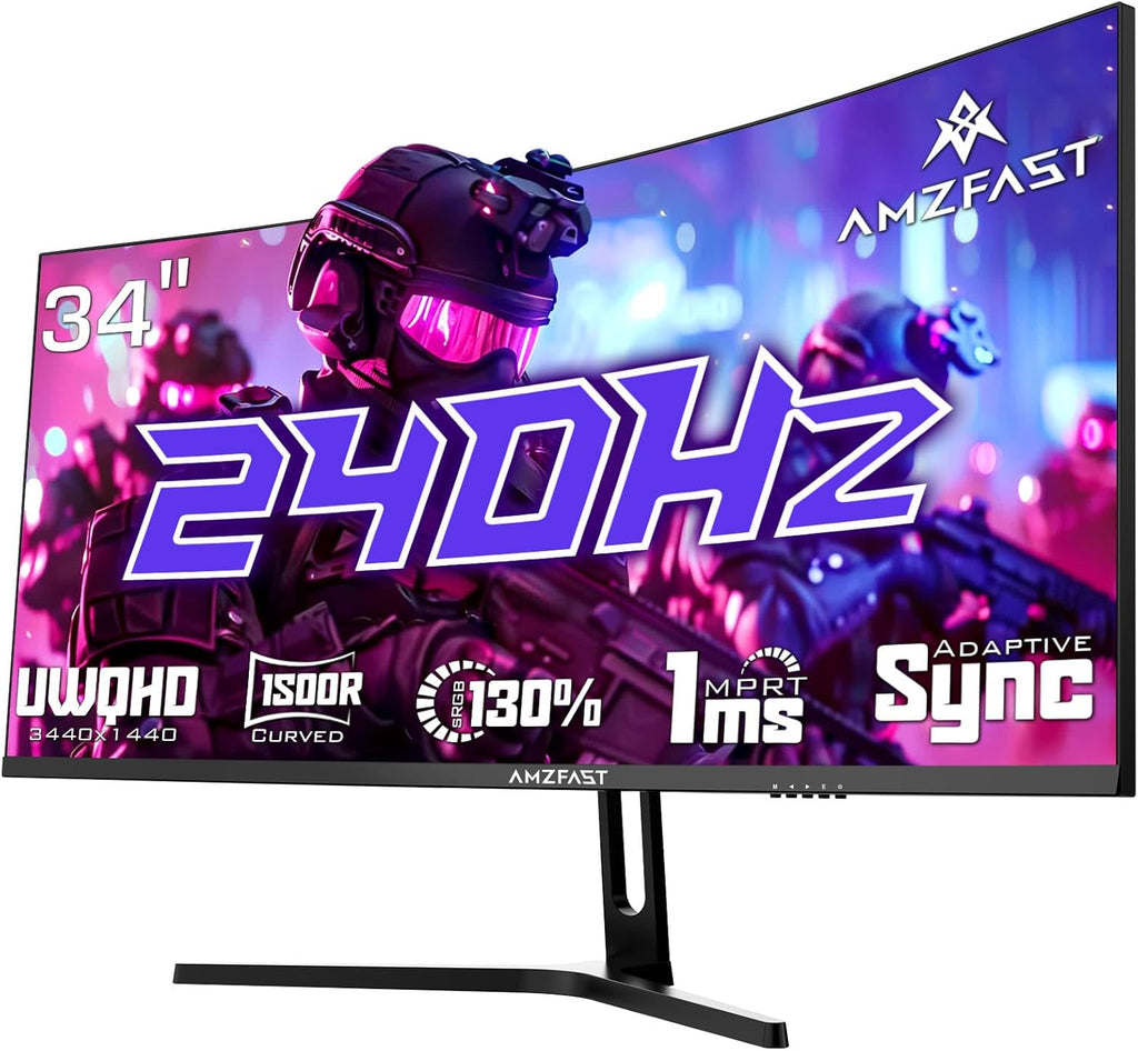 Amzfast Ecran Pc Gamer Incurvé 34 Pouces, 240Hz, UWQHD 3440x1440 (21:9), 1 ms MPRT, Eyes Care, sRGB 130 pour cent, Adaptive Sync, HDR, HDMI 2.1 * 2, DP 1.4 * 2, VESA 75x75, PIP/PBP, AMZG34C5QPro
