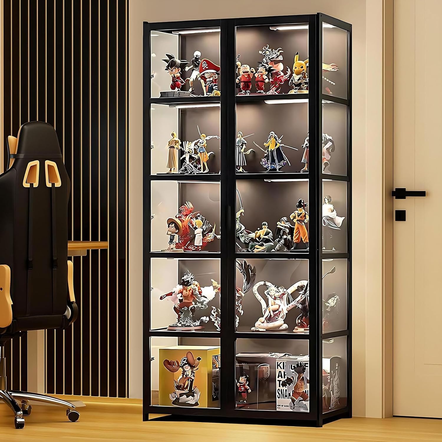 Vitrine avec porte en verre acrylique, vitrine curio à 5 niveaux pour objets de collection, double ouverture noire