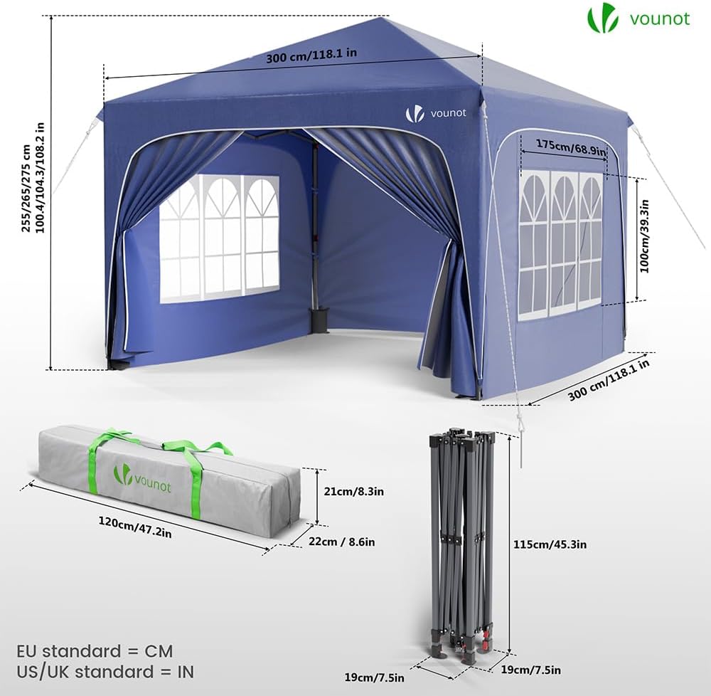 VOUNOT® Tonnelle de Jardin 3x3m Tente Pliable Imperméable avec Parois Anti UV Chapiteau de Jardin Exterieur Hauteur Réglable avec Sac de Transport pour Camping Festival Plage Jardins Bleu