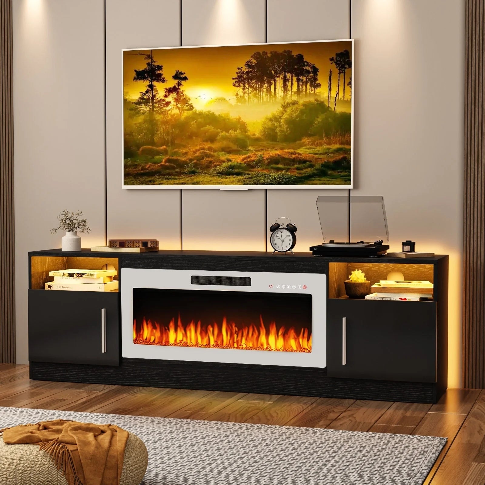 Bossin 70 Fireplace TV Stand with 36 Electric Fireplace, TV Stand for TVs Up to 80, 16 Colors LED Lights/Entertainment Center