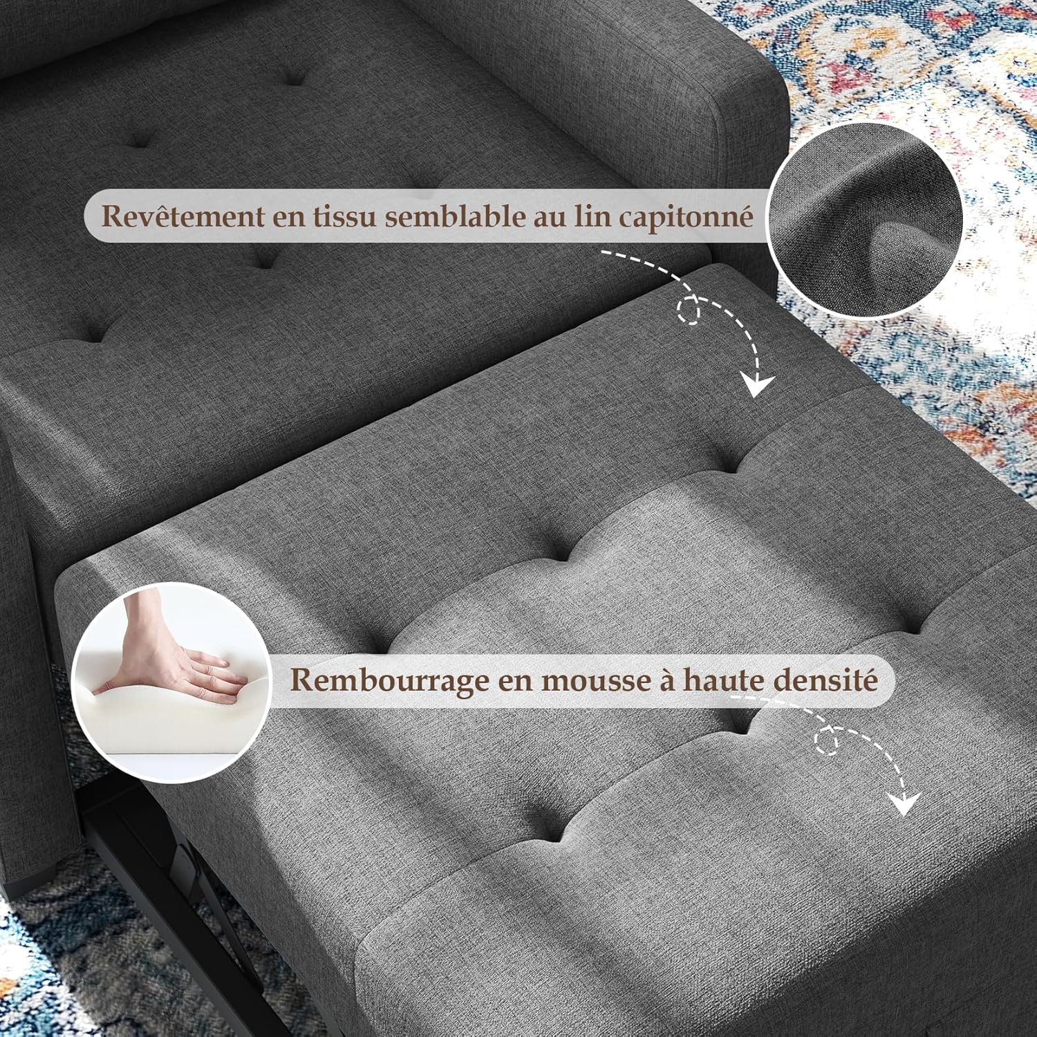 Canapé-lit Compact 3-en-1, canapé Pliant & ottomane avec Fonction lit, Fauteuil Convertible jusqu'à 200 kg, canapé-lit avec revêtement Effet Lin, Fauteuil pour Salon et Chambre d'amis, Gris foncé