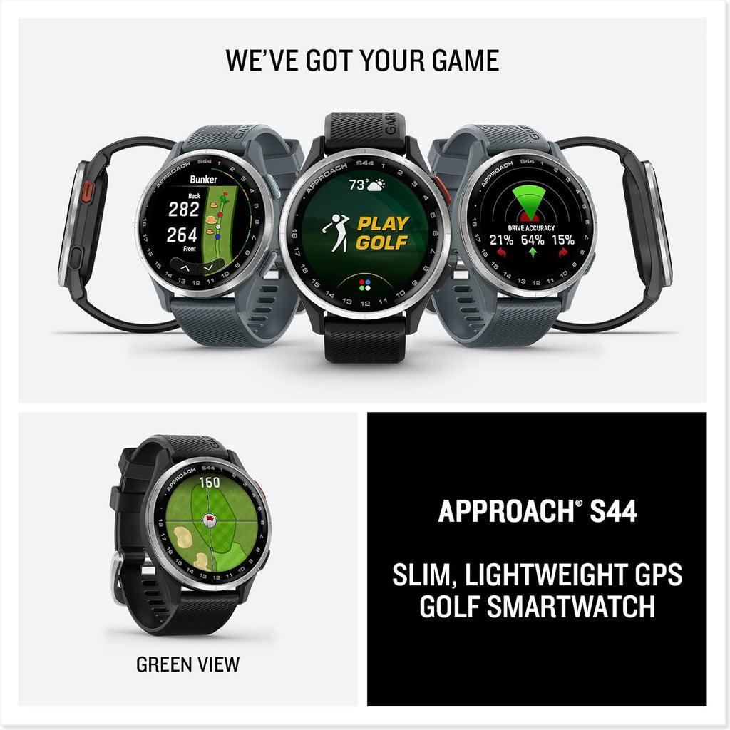 Garmin Approach S44 Essential Golf GPS Smartwatch Écran AMOLED Fonctionnalités sur Le Terrain Lunette en Aluminium argenté avec Bracelet en Silicone Noir