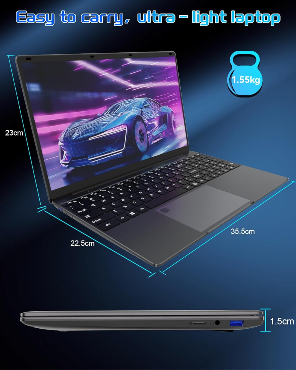 PC Portable Ordinateur 16 Go RAM LPDDR4 512 Go SSD 15,6 Pouces UHD Celeron N5095 Processeur Computer avec Touch ID WiFi5 Bluetooth 4.0 USB 3.0(Film de Clavier Inclus)