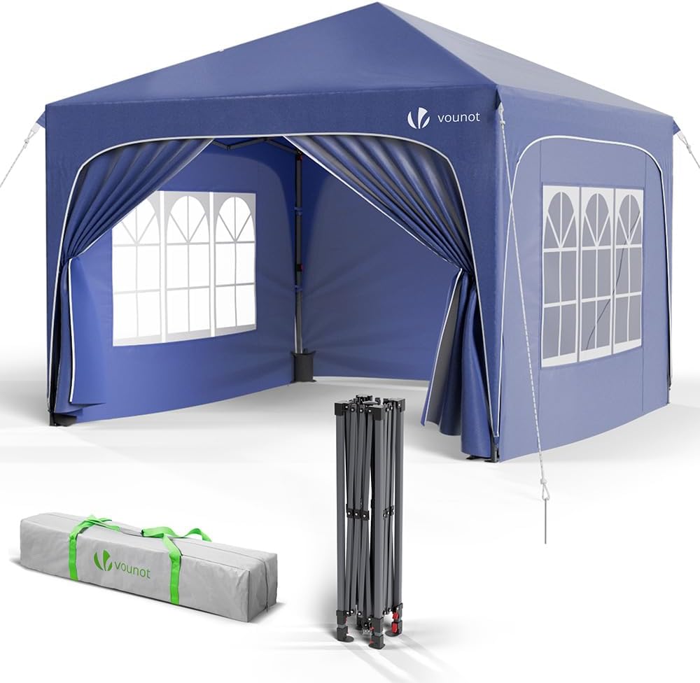 VOUNOT® Tonnelle de Jardin 3x3m Tente Pliable Imperméable avec Parois Anti UV Chapiteau de Jardin Exterieur Hauteur Réglable avec Sac de Transport pour Camping Festival Plage Jardins Bleu