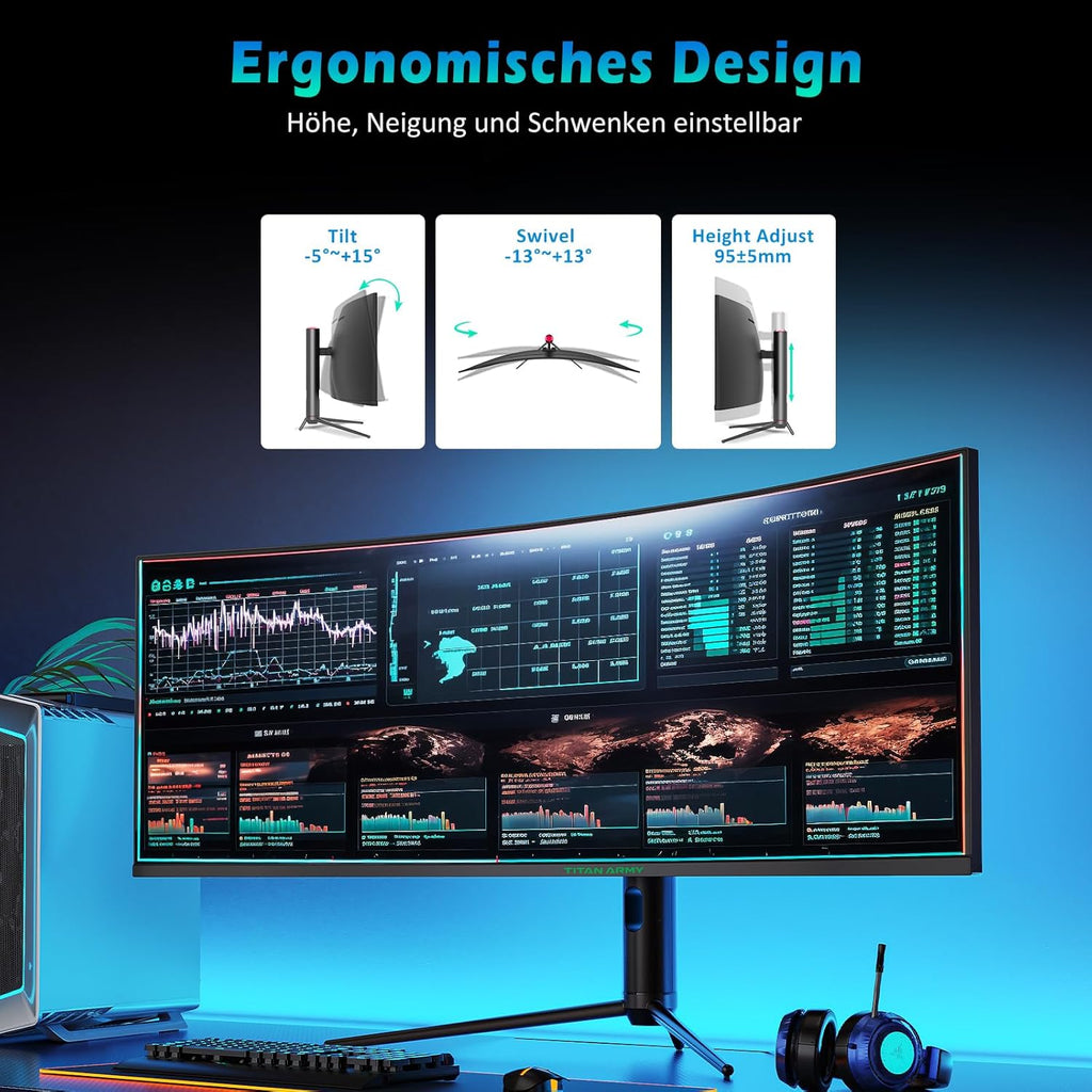 TITAN ARMY 49“ Ecran PC Gamer Incurvé, 144Hz, DFHD 3840 x 1080, Ultrawide 1800R VA Ecran Gaming, 32:9, HDR400, G-Sync & FreeSync, 99% sRGB, USB Type-C 65W, Réglable en Hauteur, HDMI, DP, C49SHC