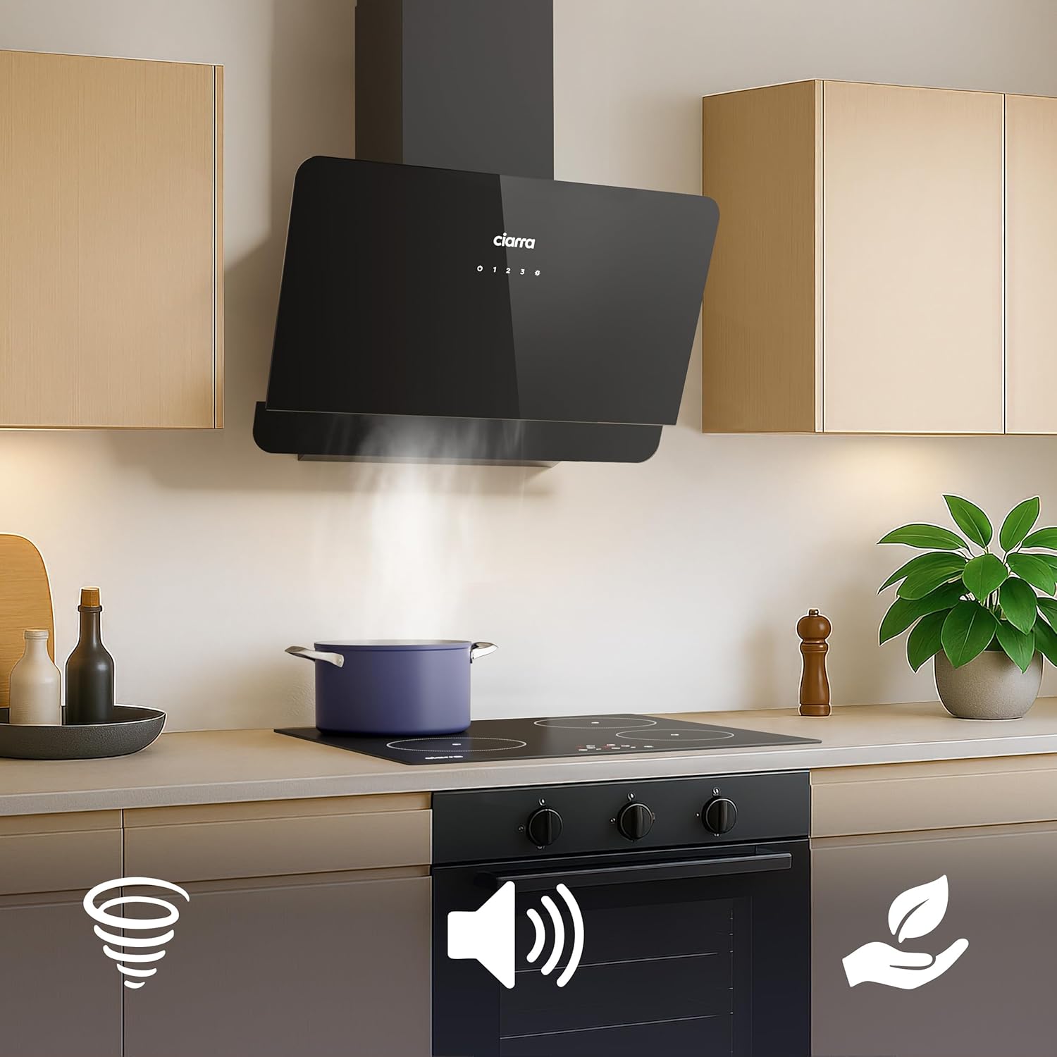 CIARRA CBCB6765C Hotte Aspirante Inclinée 60 cm Classe A+ 580 m³/h, Hotte Murale Tactile, 3 Vitesses, Recyclage & Évacuation, Design Noir Mat avec Filtre à Charbon CBCF055