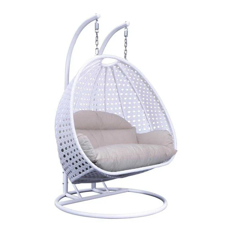 Egg-Shaped Hanging Swing Chair with Metal Stand, Wicker Frame & Cushion �C Beige / Charcoal Blue / White / Blue / Antique White / Brown / Canvas, Seats 2