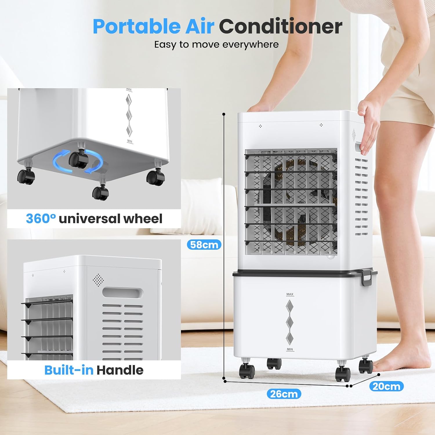 Climatiseur Mobile Silencieux 12L, Refroidisseur d'air Climatiseurs Portables Économie d'énergie Ventilateur Humidificateur, 6 Vitesses, Télécommande, 24H Minuterie, pour Maison Bureau Chambre (Blanc)