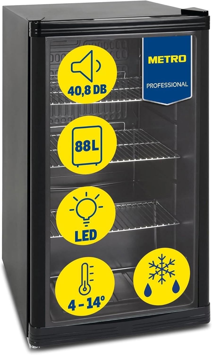 METRO Professional Réfrigérateur à boissons GPC1088, métal/verre, 43 x 49 x 83 cm, 88 L, réfrigération statique, noir