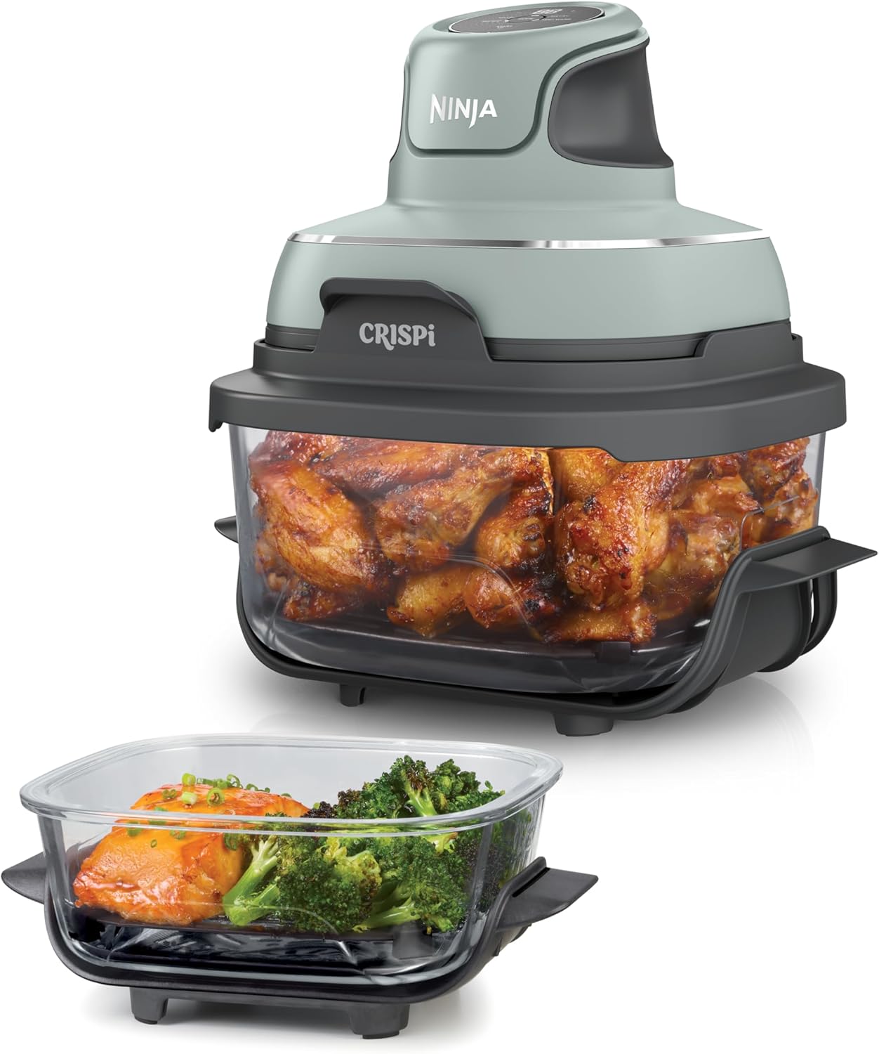 Ninja CRISPi Friteuse sans huile portable, 3,8L, 4-en-1 : Frire sans huile, Rôtir, Garder au chaud, Recroustiller, Design compact, 2 récipients avec couvercles, 1 700 W, Sauge FN101EUSG
