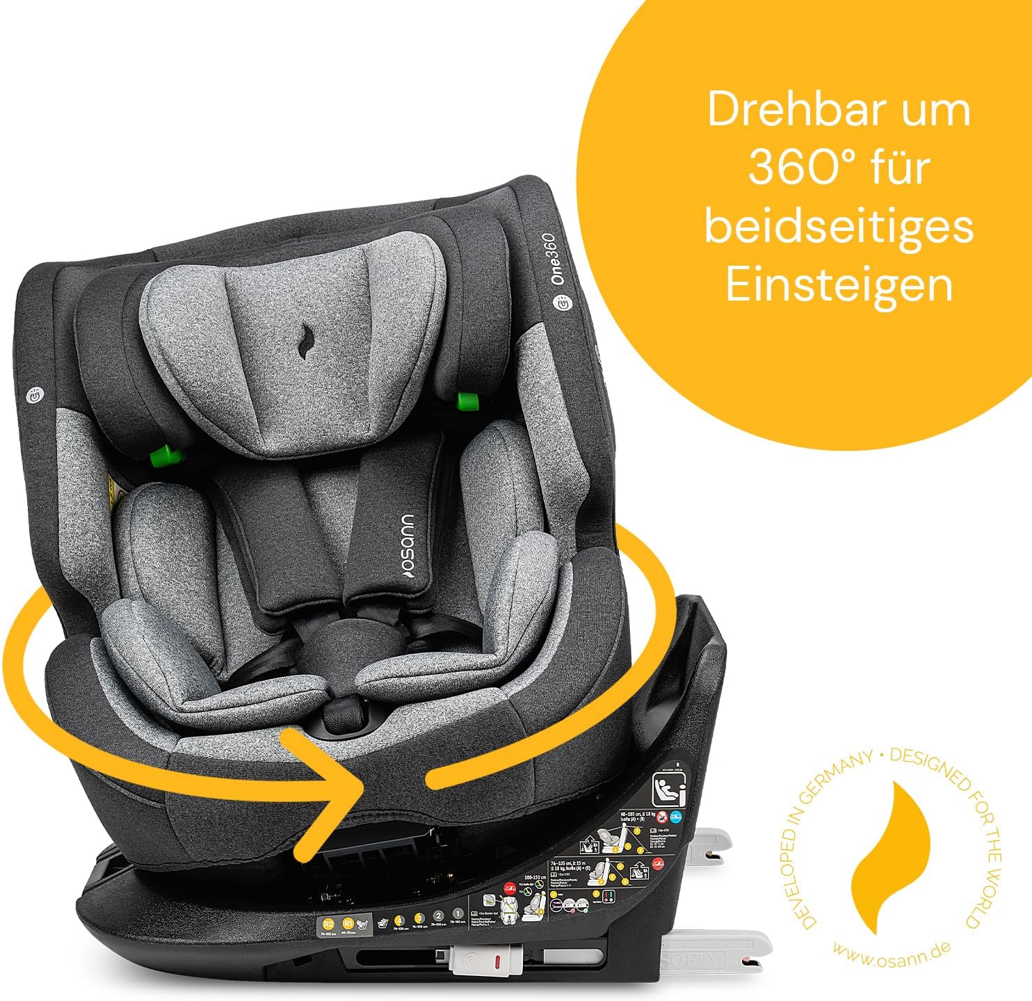 OSANN - Siège auto bébé/enfant One360 Rotatif 360° Isofix - 40-150 cm - 0 à 12 ans - Groupe 1/2/3 - Gris, Hauteurs 14 positions, Dos/Face à la route, Supports magnétiques pour sangles d'épaules