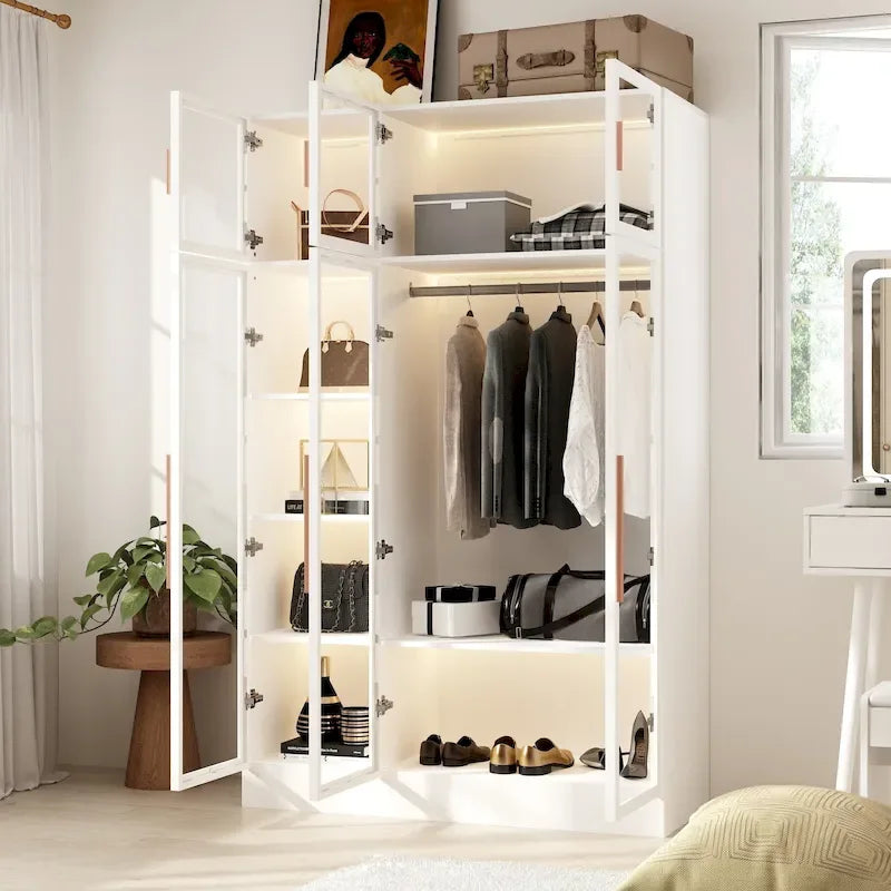 47.2 Wide Armoire LED Light All Glass Door Closet Cabinet Wardrobe