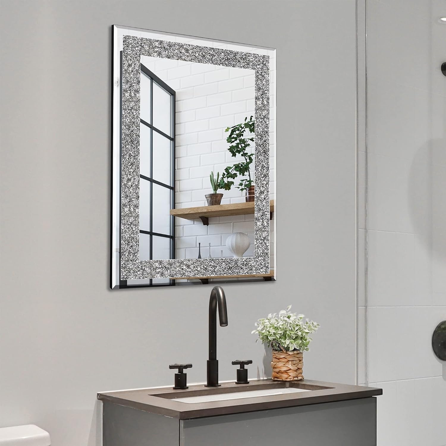 Ruomeng Miroir mural rectangulaire en cristal écrasé avec diamant pour décoration de la maison, pour salle de bain, entrée et chambre à coucher, 50,8 x 71,1 cm