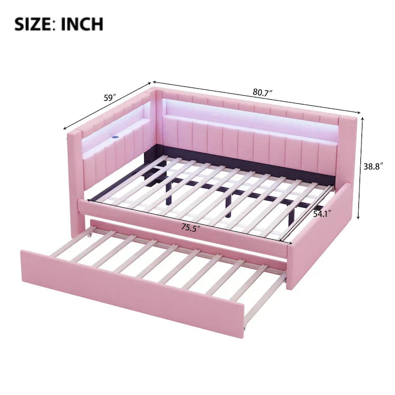 Upholstered Platform Bed with USB Ports & LED Lighting - Full/Twin Size Bed Frame with 2 Storage Drawers - Modern Bedroom