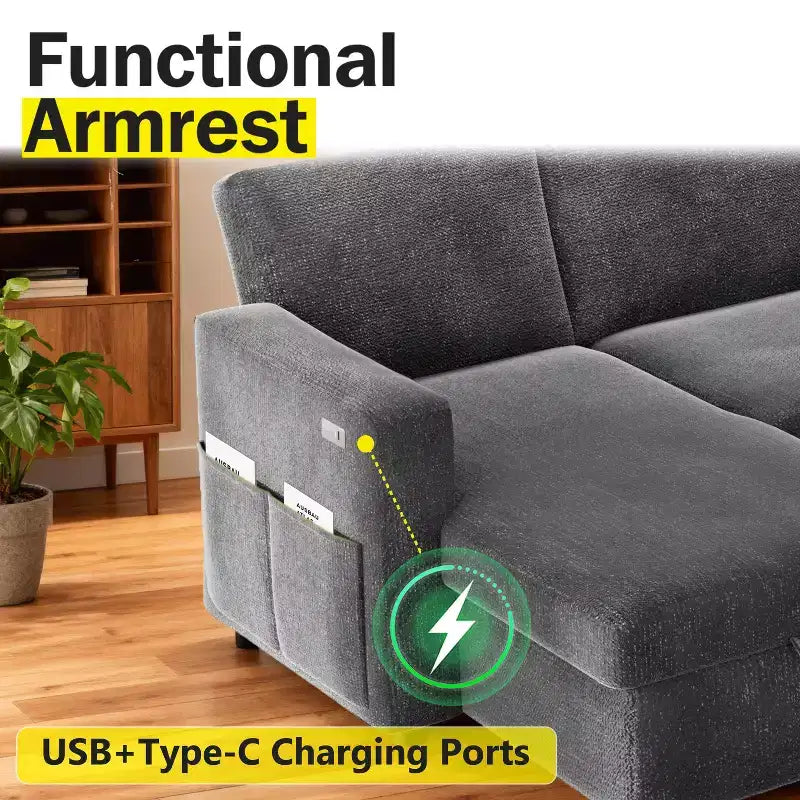 Dyonery 81 Sectional Sleeper Sofa, L-Shaped Pull Out Couch with Reversible Storage Chaise, USB, Reclining Backrest