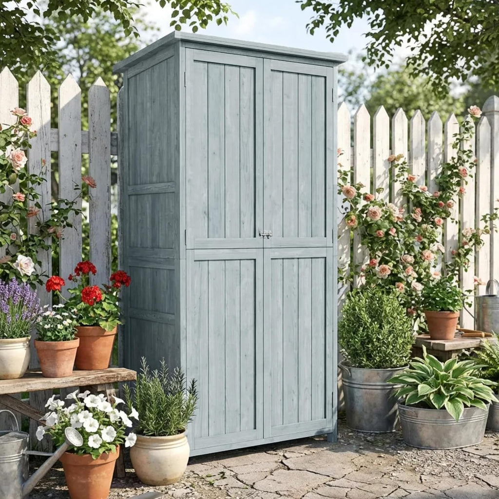 Outsunny Armoire de Jardin, Armoire extérieure de Rangement en Bois avec 2 Portes verrouillables, 2 étagères et 10 Crochets, Toit en Asphalte étanche, pour Balcon, terrasse, 85 x 54 x 170 cm, Gris
