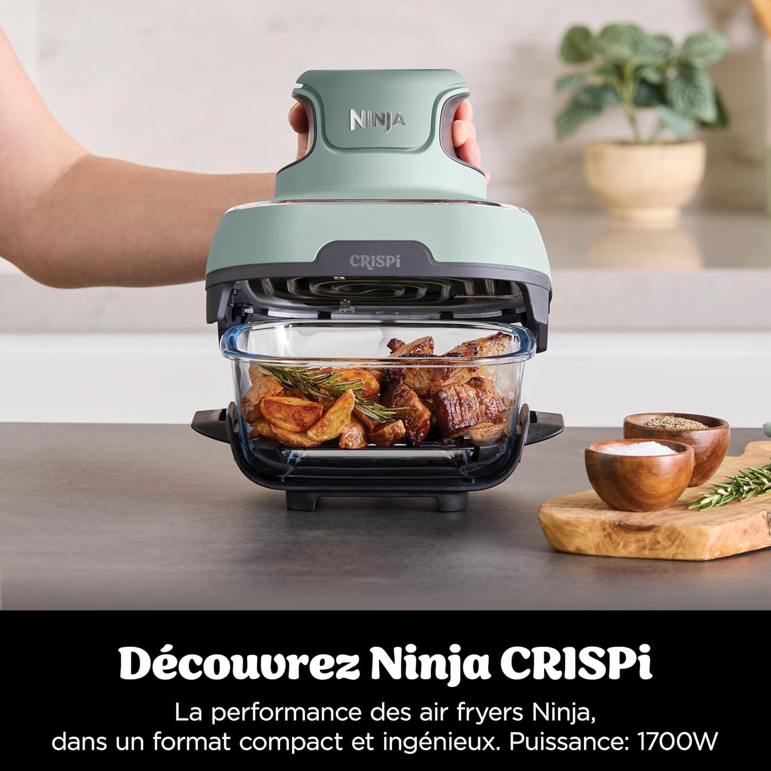Ninja CRISPi Friteuse sans huile portable, 3,8L, 4-en-1 : Frire sans huile, Rôtir, Garder au chaud, Recroustiller, Design compact, 2 récipients avec couvercles, 1 700 W, Sauge FN101EUSG