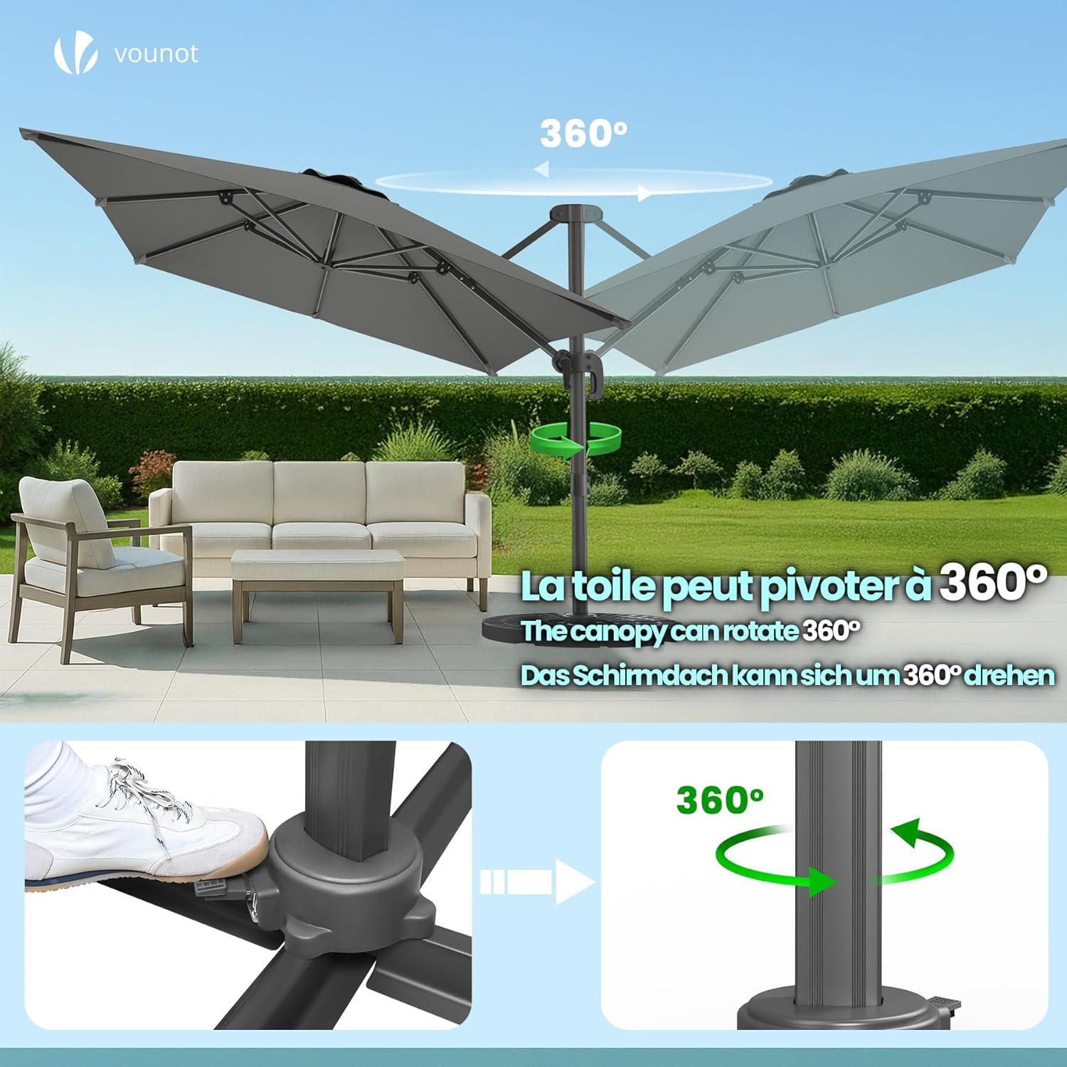 vounot® Parasol Déporté Carré 3x3M avec 8 Baleines Parasol de Jardin Extérieur Rotation 360° Inclinable 6 Positions Toile Polyester Anti UV et Imperméable avec Housse Gris Foncé