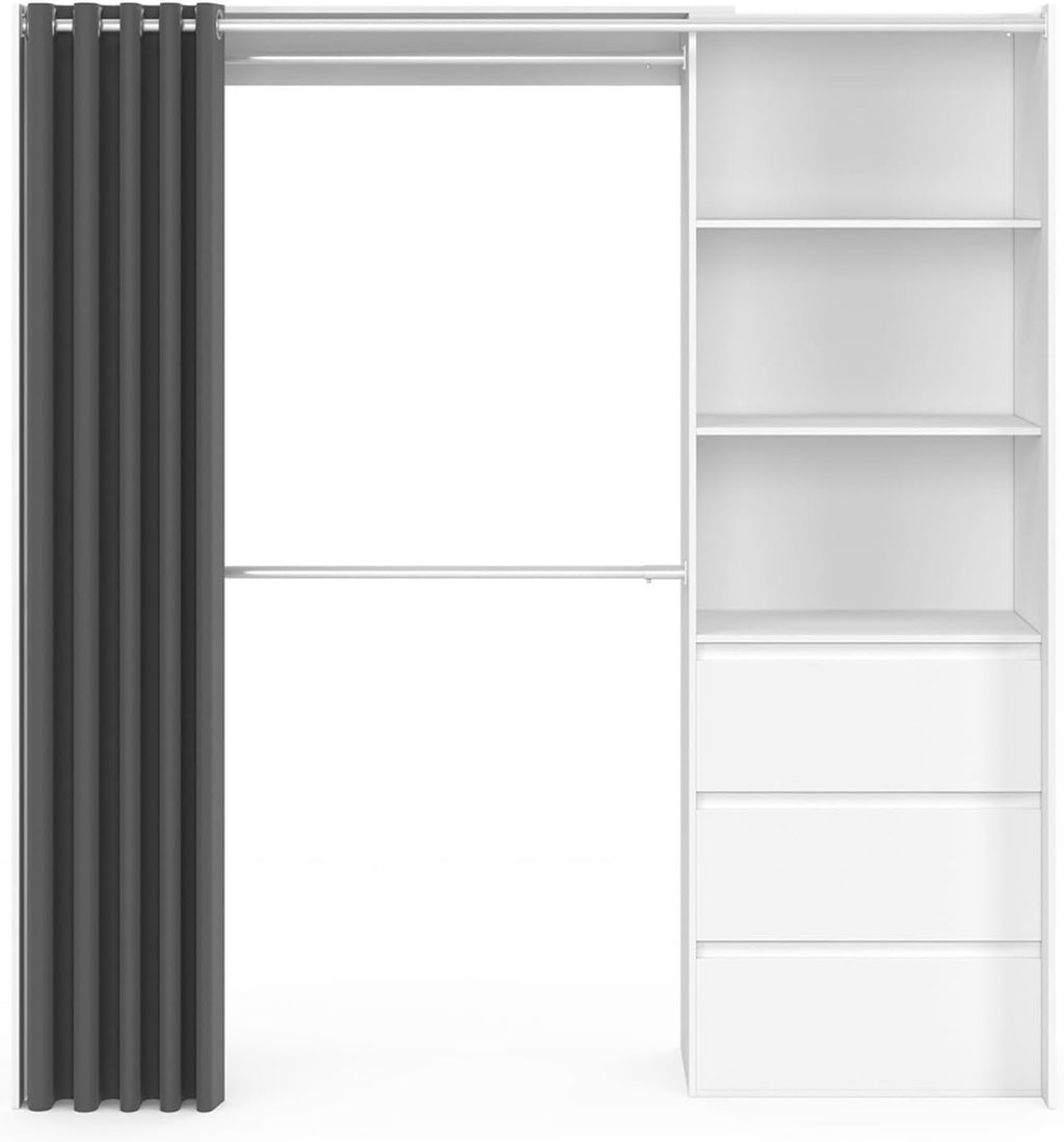 IDMarket - Dressing extensible MARTY 120/170 x 50 x 180 cm blanc avec 3 tiroirs + étagères + double penderie + rideau gris
