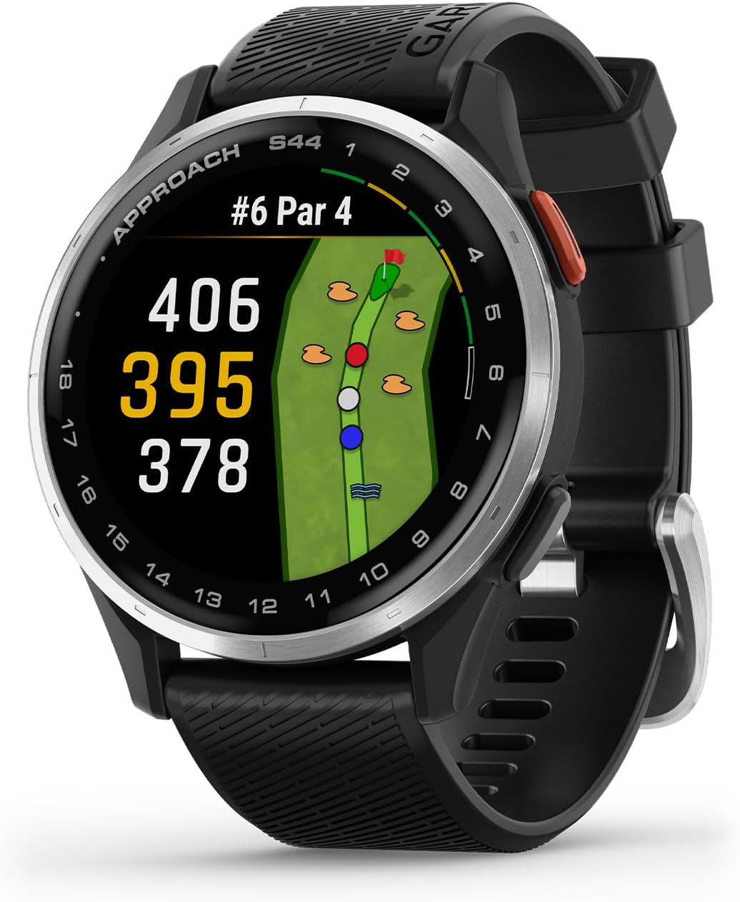Garmin Approach S44 Essential Golf GPS Smartwatch Écran AMOLED Fonctionnalités sur Le Terrain Lunette en Aluminium argenté avec Bracelet en Silicone Noir