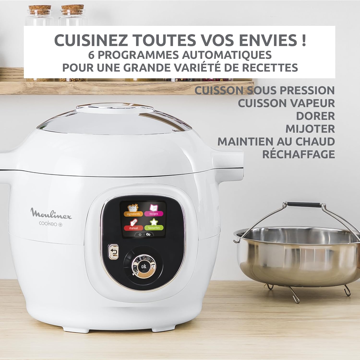 Moulinex, Cookeo Multicuiseur intelligent 6L, 80 recettes intégrées, Cuisson sans surveillance, Ecran intuitif, Guide de cuisson, Application MyMoulinex, 1600W, Blanc, 15 ans réparabilité CE854110