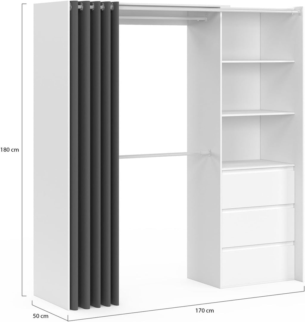IDMarket - Dressing extensible MARTY 120/170 x 50 x 180 cm blanc avec 3 tiroirs + étagères + double penderie + rideau gris