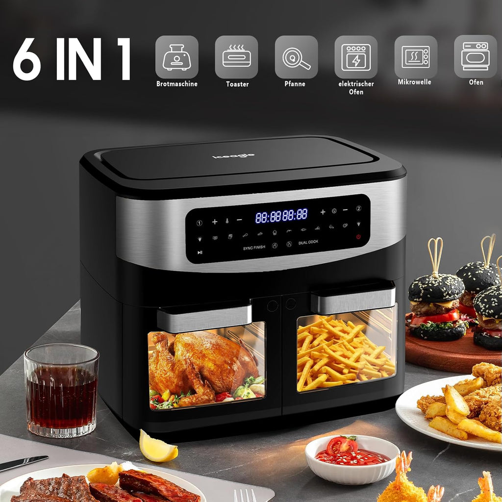 Iceagle Air Fryer 12 L Friteuse sans Huile - Friteuse à Air Chaud avec 10 Programmes, 2 Tiroirs, Fenêtre Visible, Panneau Tactile LED, Fonctions Match Cook & Smart Cook, 2600W, Noir